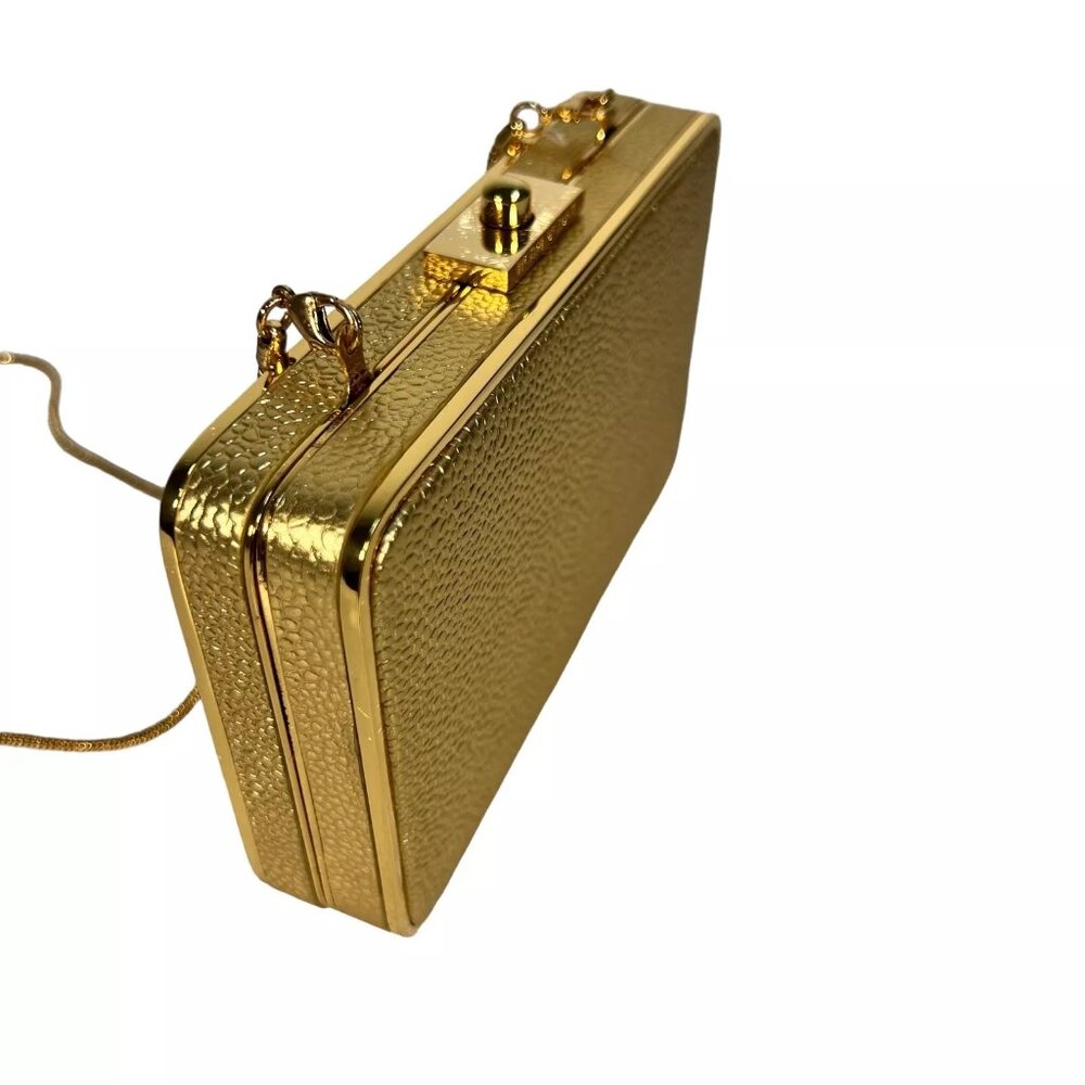Henri Bendel The Party Starter Gold Clutch Shoulder Box Purse Removable Strap - Picture 5 of 16